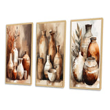 Boho Pottery Canvas Wall Art - Brown And Cream Earthen Elegant Vase - 3 Pieces