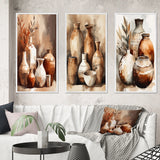 Boho Pottery Canvas Wall Art - Brown And Cream Earthen Elegant Vase - 3 Pieces
