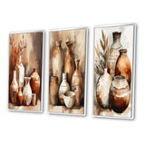 Boho Pottery Canvas Wall Art - Brown And Cream Earthen Elegant Vase - 3 Pieces
