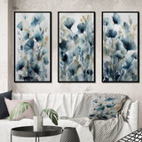 Traditional Wall Art Canvas Set - Blue Leaf Foliage And Flowers III - 3 Pieces