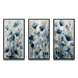 Traditional Wall Art Canvas Set - Blue Leaf Foliage And Flowers III - 3 Pieces