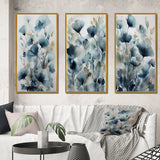 Traditional Wall Art Canvas Set - Blue Leaf Foliage And Flowers III - 3 Pieces