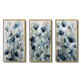 Traditional Wall Art Canvas Set - Blue Leaf Foliage And Flowers III - 3 Pieces