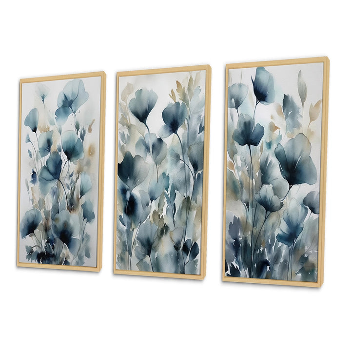 Traditional Wall Art Canvas Set - Blue Leaf Foliage And Flowers III - 3 Pieces