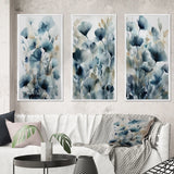 Traditional Wall Art Canvas Set - Blue Leaf Foliage And Flowers III - 3 Pieces