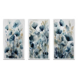 Traditional Wall Art Canvas Set - Blue Leaf Foliage And Flowers III - 3 Pieces