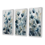 Traditional Wall Art Canvas Set - Blue Leaf Foliage And Flowers III - 3 Pieces