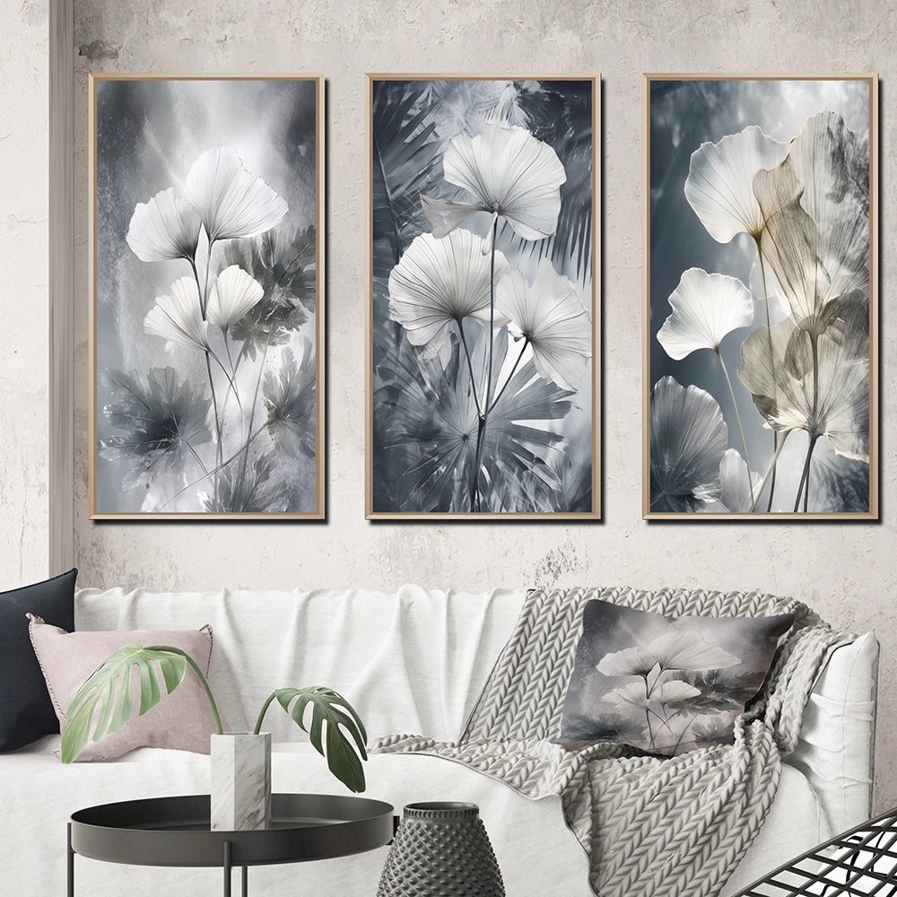 Floral Leaves Wall Art Canvas Set - Tropical Palm Art For Ginkgo Art - 3 Pieces