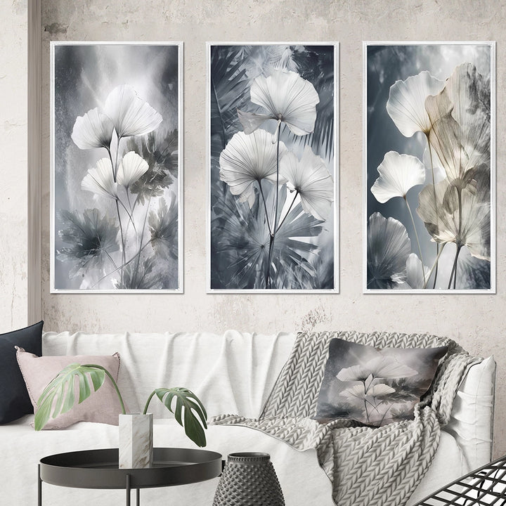 Floral Leaves Wall Art Canvas Set - Tropical Palm Art For Ginkgo Art - 3 Pieces