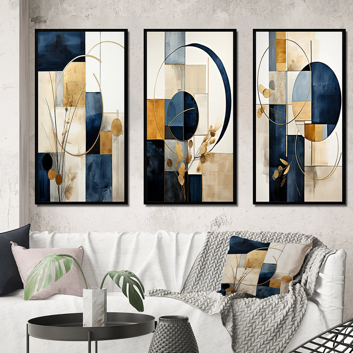 Modern Canvas Wall Art Set of 3 - Organic Simplicity Minimal Geometry Navy Blue