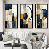 Modern Canvas Wall Art Set of 3 - Organic Simplicity Minimal Geometry Navy Blue