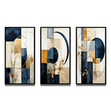 Modern Canvas Wall Art Set of 3 - Organic Simplicity Minimal Geometry Navy Blue