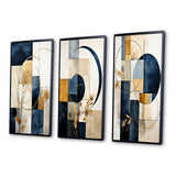 Modern Canvas Wall Art Set of 3 - Organic Simplicity Minimal Geometry Navy Blue