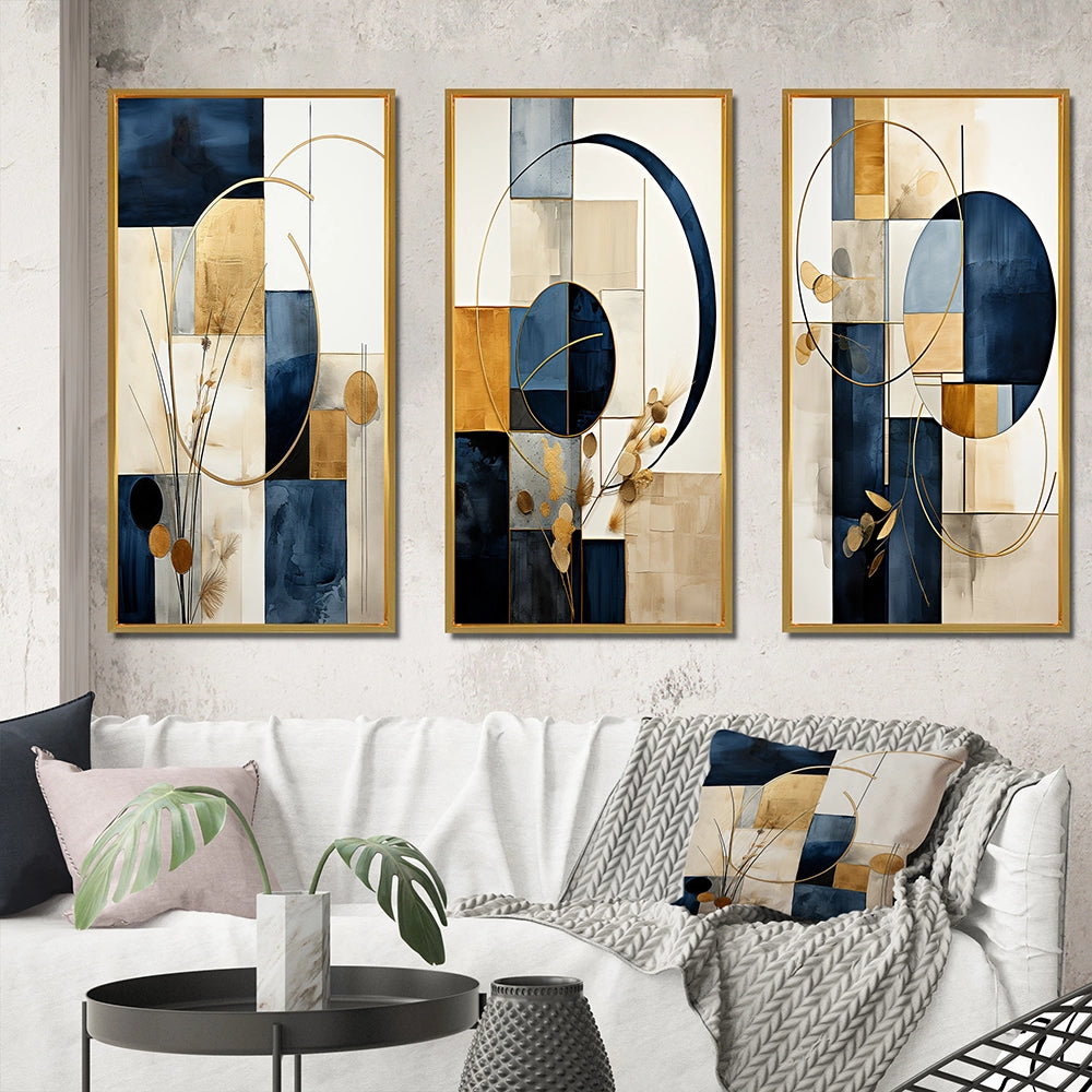 Modern Canvas Wall Art Set of 3 - Organic Simplicity Minimal Geometry Navy Blue