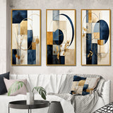 Modern Canvas Wall Art Set of 3 - Organic Simplicity Minimal Geometry Navy Blue