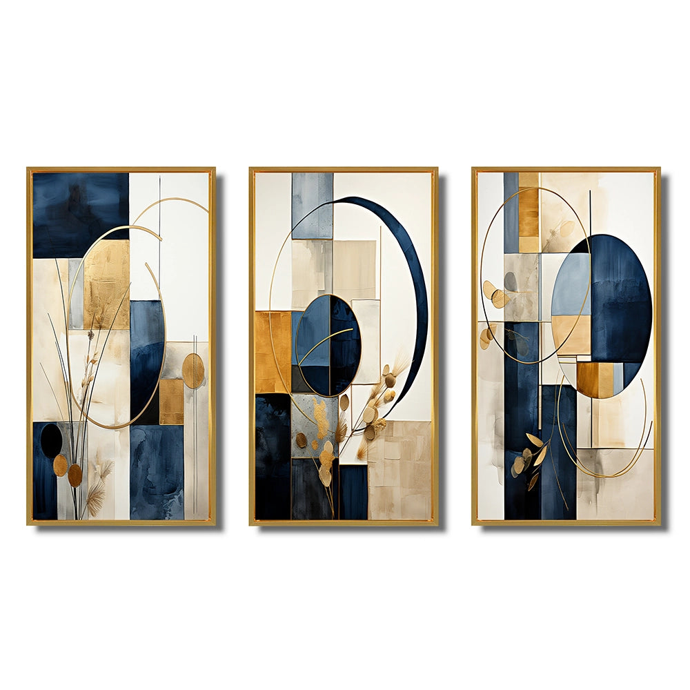 Modern Canvas Wall Art Set of 3 - Organic Simplicity Minimal Geometry Navy Blue