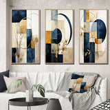 Modern Canvas Wall Art Set of 3 - Organic Simplicity Minimal Geometry Navy Blue