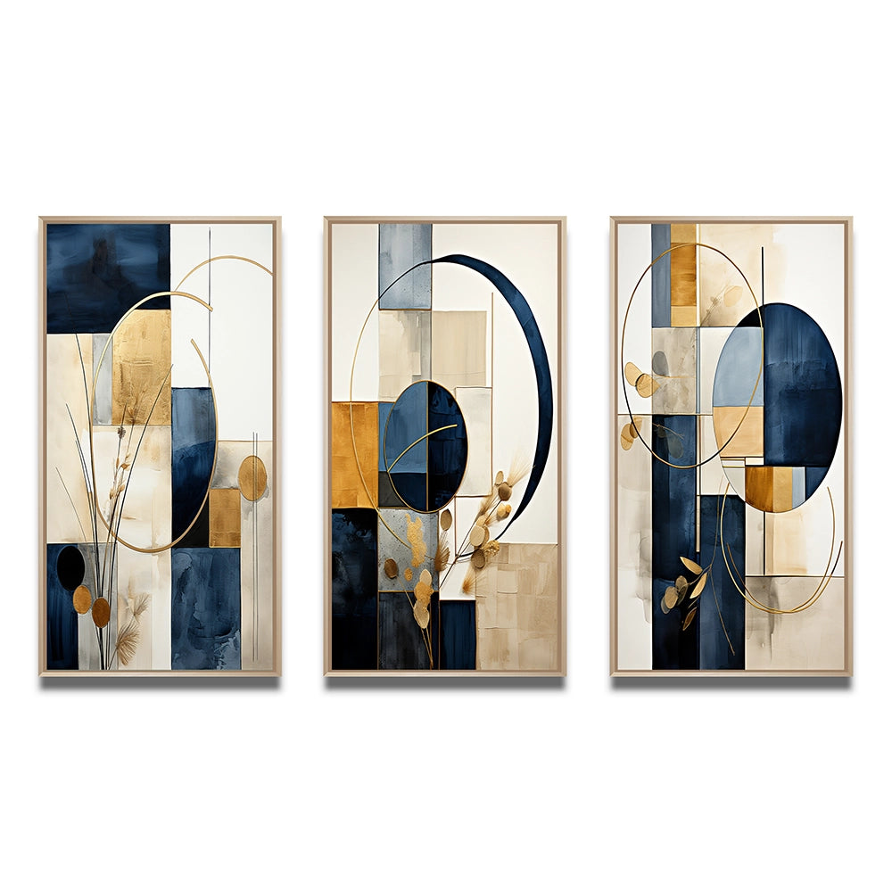 Modern Canvas Wall Art Set of 3 - Organic Simplicity Minimal Geometry Navy Blue
