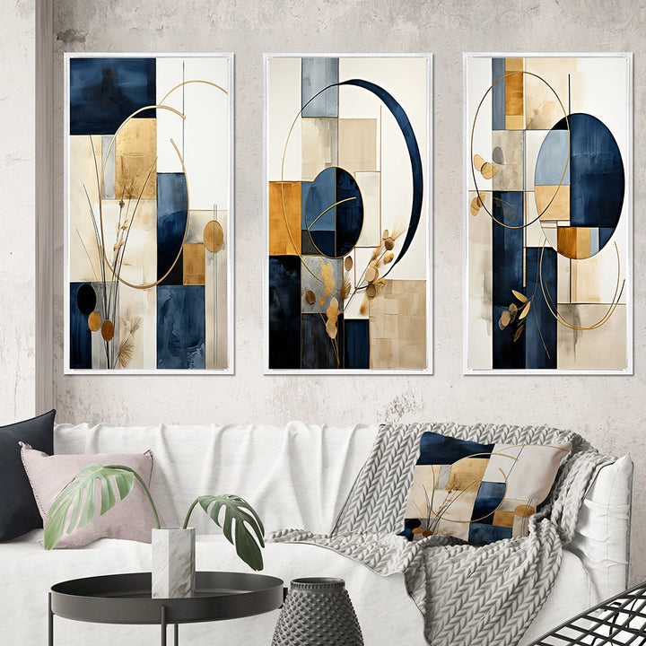 Modern Canvas Wall Art Set of 3 - Organic Simplicity Minimal Geometry Navy Blue