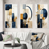 Modern Canvas Wall Art Set of 3 - Organic Simplicity Minimal Geometry Navy Blue