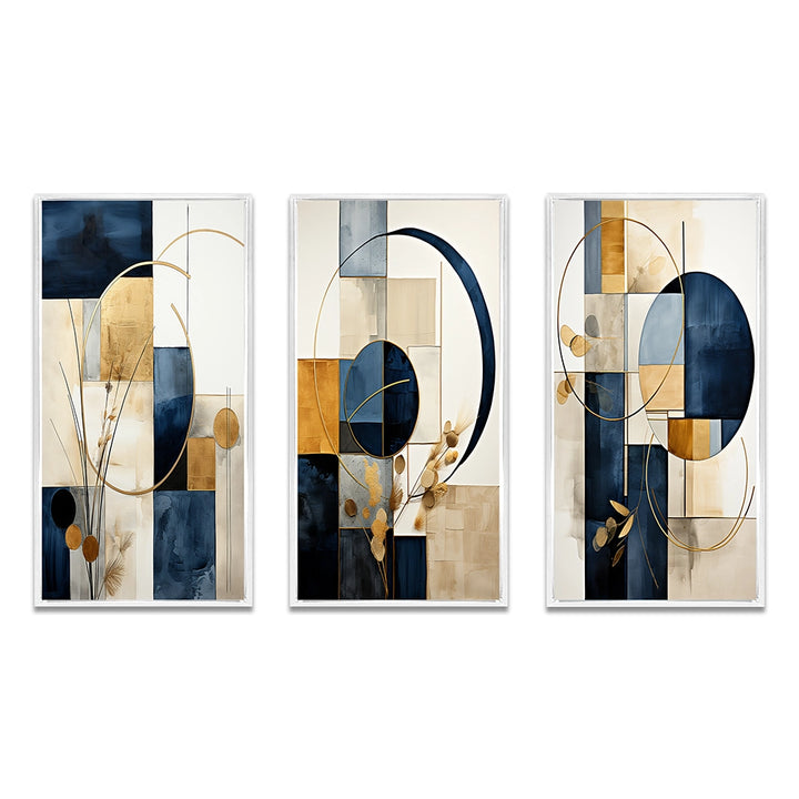 Modern Canvas Wall Art Set of 3 - Organic Simplicity Minimal Geometry Navy Blue