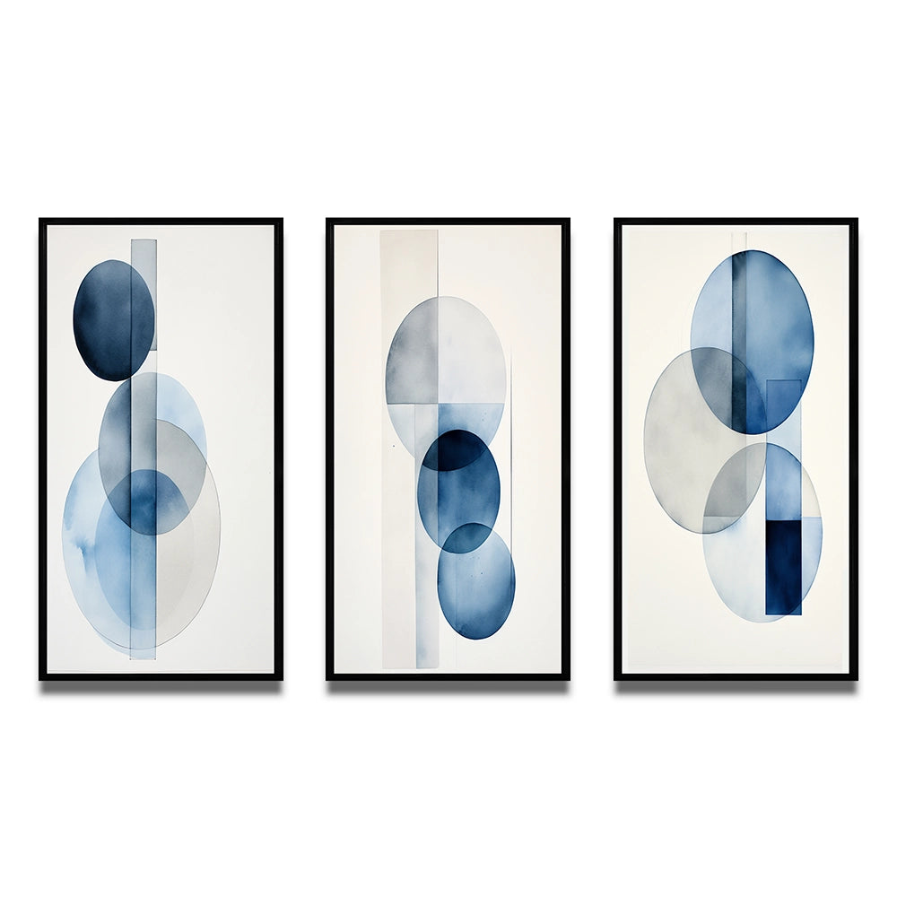 Modern Geometric Canvas Wall Art Set of 3- Orbicular Unity Minimal in Retro Blue II