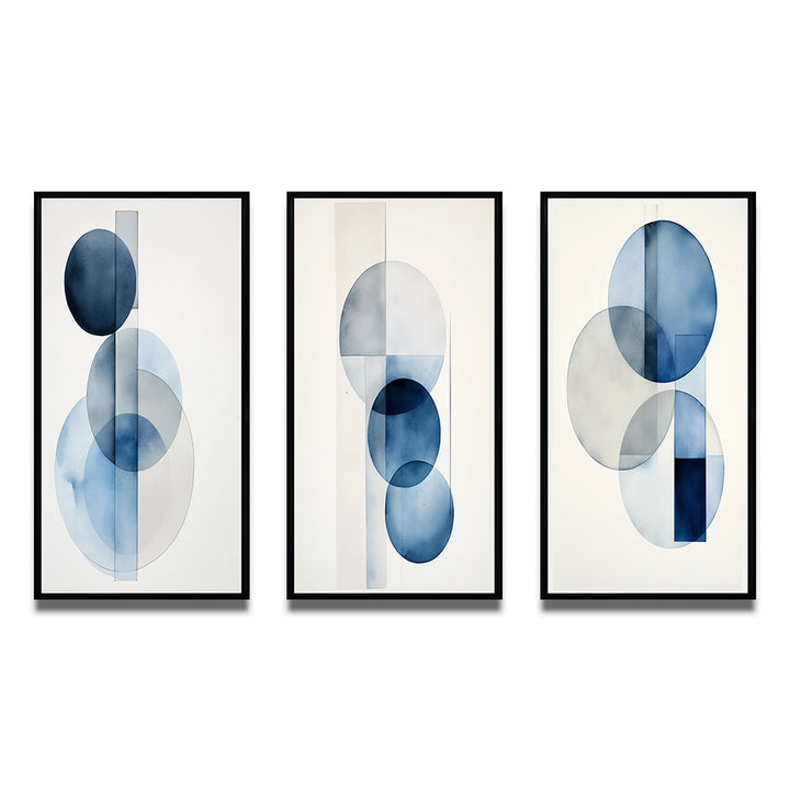 Modern Geometric Canvas Wall Art Set of 3- Orbicular Unity Minimal in Retro Blue II