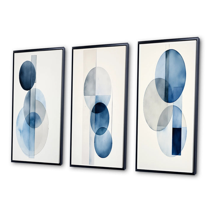Modern Geometric Canvas Wall Art Set of 3- Orbicular Unity Minimal in Retro Blue II