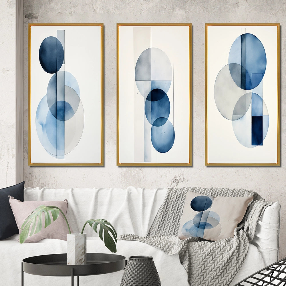 Modern Geometric Canvas Wall Art Set of 3- Orbicular Unity Minimal in Retro Blue II