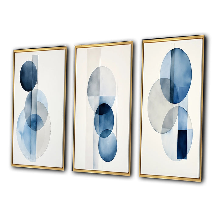 Modern Geometric Canvas Wall Art Set of 3- Orbicular Unity Minimal in Retro Blue II