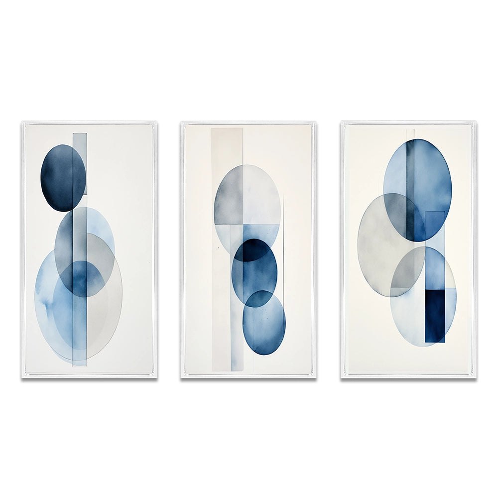 Modern Geometric Canvas Wall Art Set of 3- Orbicular Unity Minimal in Retro Blue II