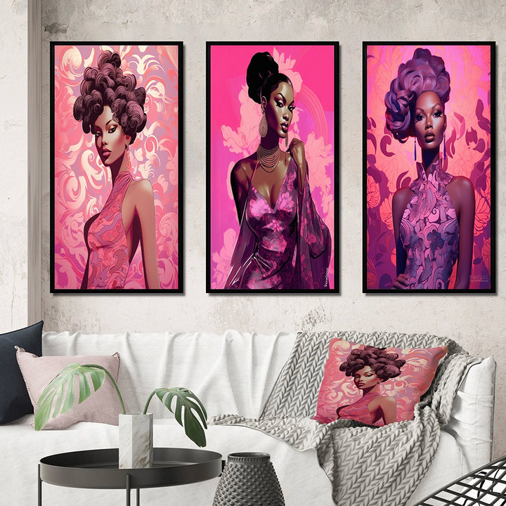 Glam Multi Panel Canvas Wall Art - Retro Fashion Glam Model in Pink Magenta III