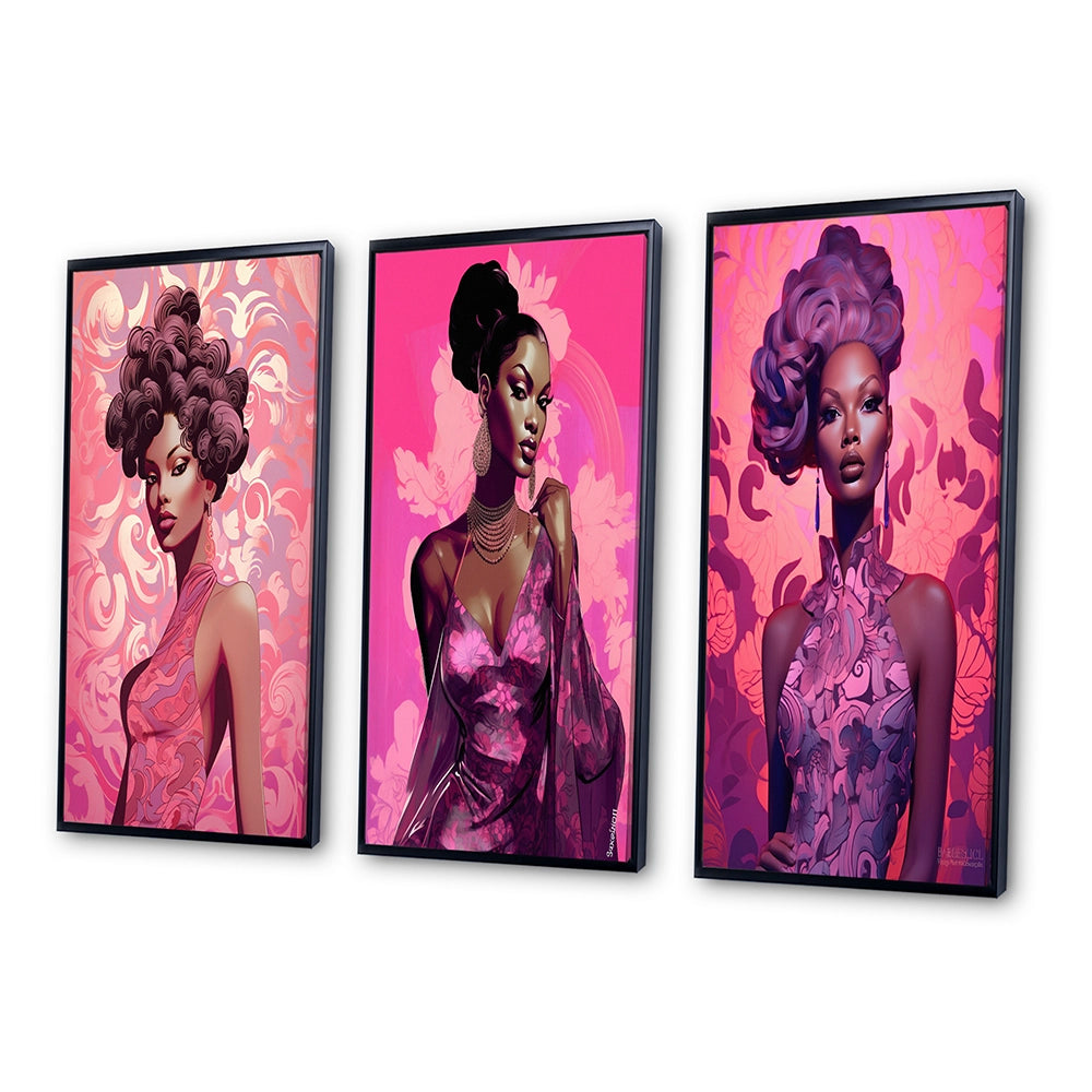 Glam Multi Panel Canvas Wall Art - Retro Fashion Glam Model in Pink Magenta III