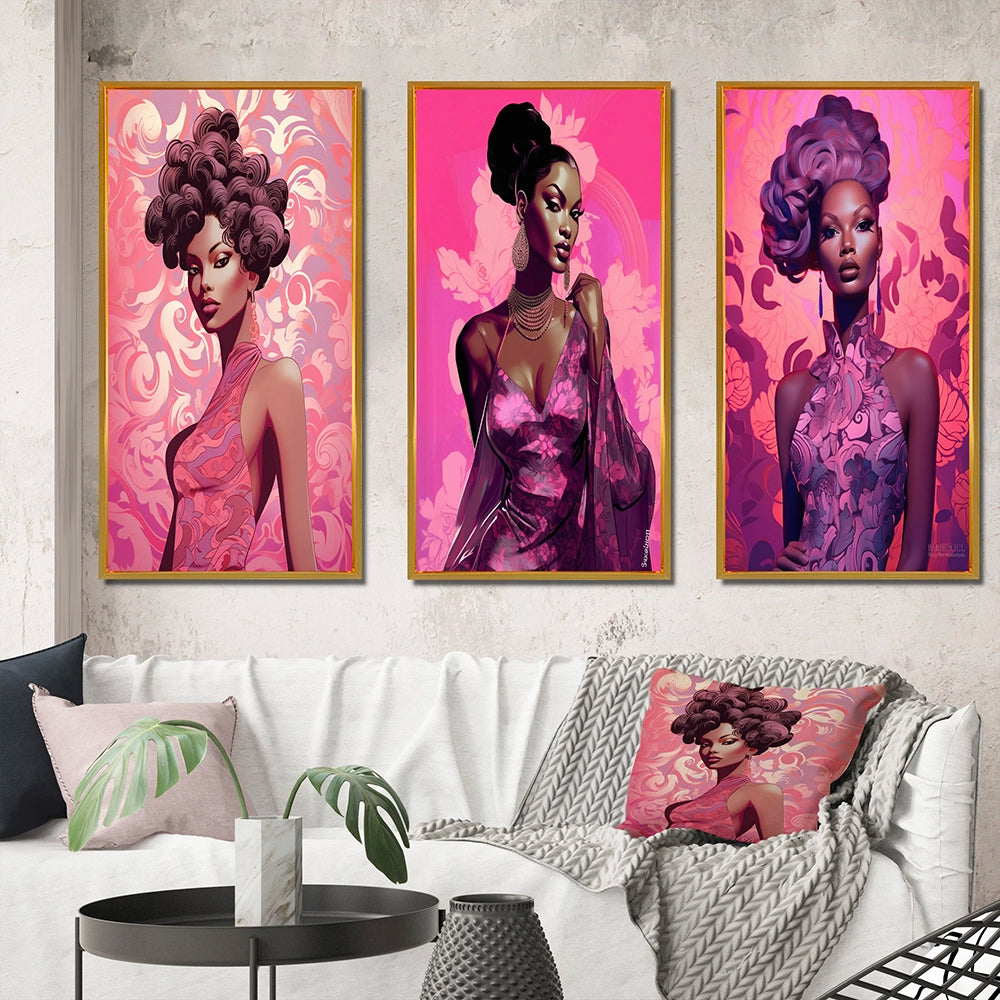 Glam Multi Panel Canvas Wall Art - Retro Fashion Glam Model in Pink Magenta III