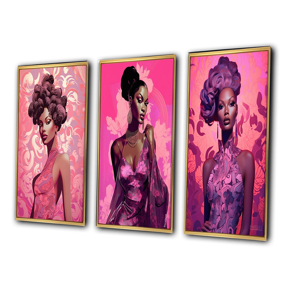 Glam Multi Panel Canvas Wall Art - Retro Fashion Glam Model in Pink Magenta III