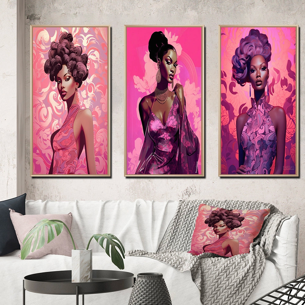 Glam Multi Panel Canvas Wall Art - Retro Fashion Glam Model in Pink Magenta III