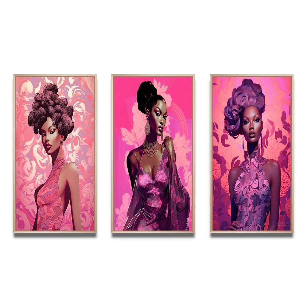 Glam Multi Panel Canvas Wall Art - Retro Fashion Glam Model in Pink Magenta III