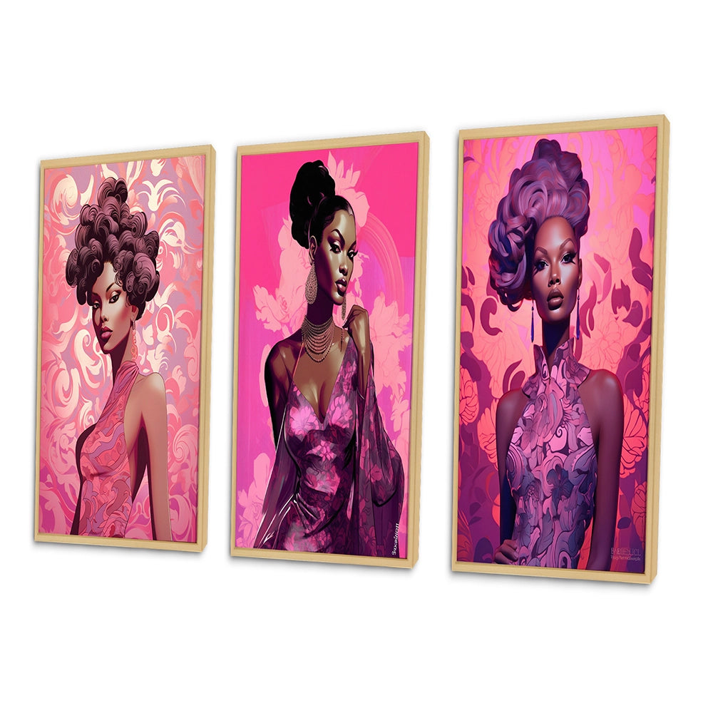 Glam Multi Panel Canvas Wall Art - Retro Fashion Glam Model in Pink Magenta III
