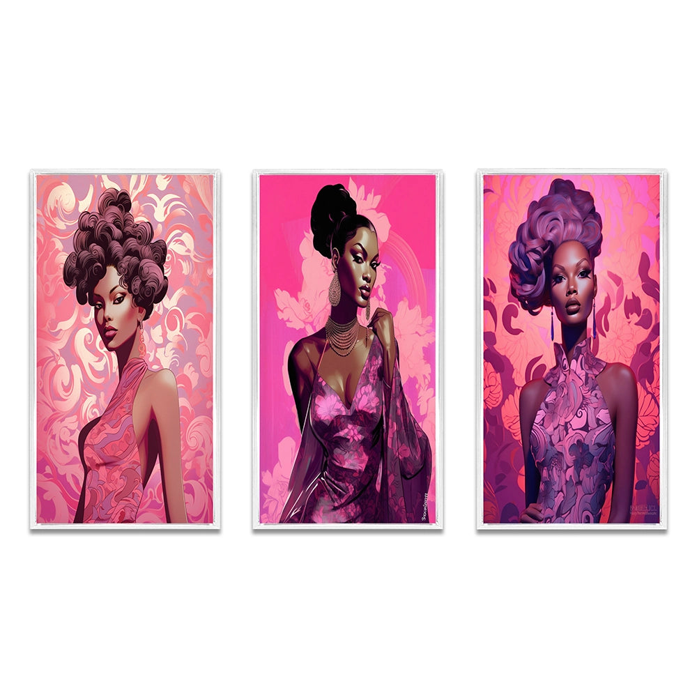Glam Multi Panel Canvas Wall Art - Retro Fashion Glam Model in Pink Magenta III