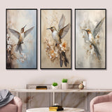 Modern Wall Art Set - Fluttering Floral Hummingbird - 3 Pieces