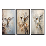 Modern Wall Art Set - Fluttering Floral Hummingbird - 3 Pieces