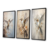 Modern Wall Art Set - Fluttering Floral Hummingbird - 3 Pieces