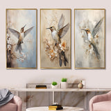 Modern Wall Art Set - Fluttering Floral Hummingbird - 3 Pieces