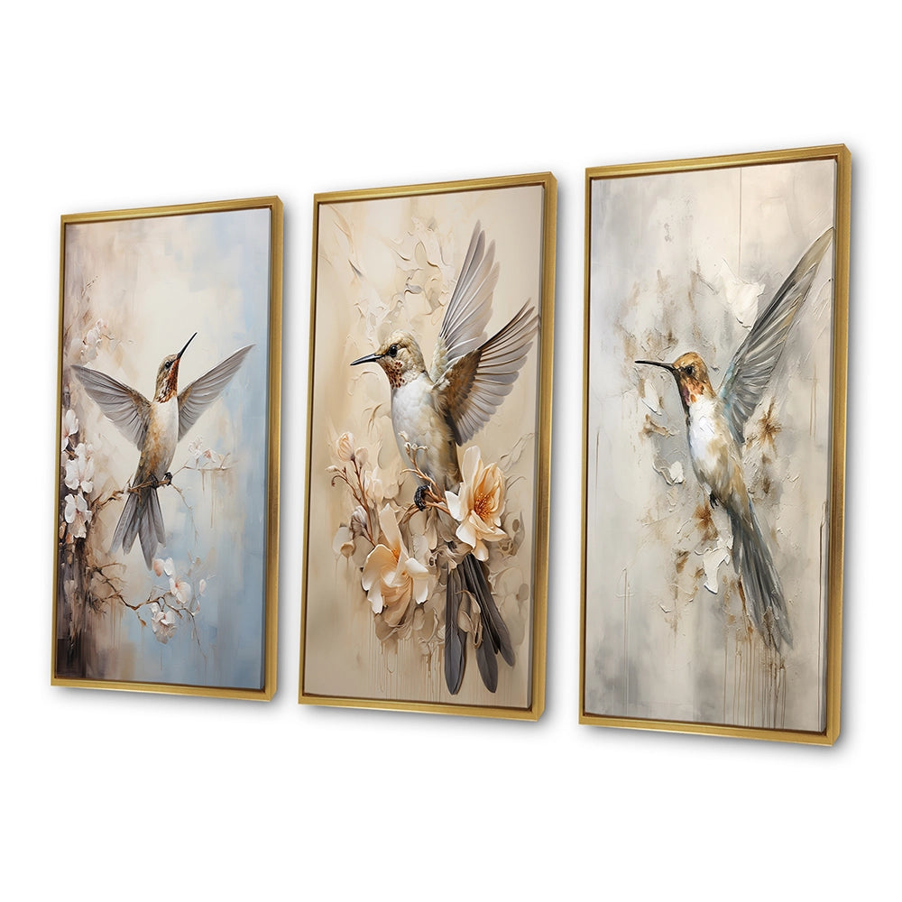 Modern Wall Art Set - Fluttering Floral Hummingbird - 3 Pieces