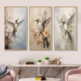 Modern Wall Art Set - Fluttering Floral Hummingbird - 3 Pieces