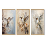 Modern Wall Art Set - Fluttering Floral Hummingbird - 3 Pieces