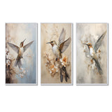 Modern Wall Art Set - Fluttering Floral Hummingbird - 3 Pieces