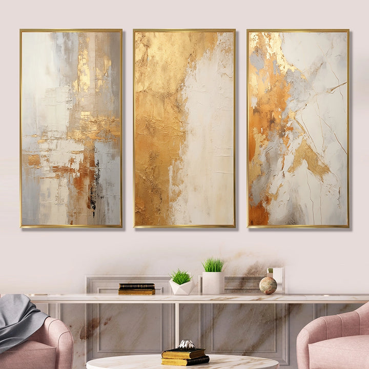 Abstract Shapes Canvas Wall Art - Gold And White Abstract Split - 3 Pieces