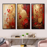 Modern Wall Art Canvas Set - God And Red Floral Japanese Tiles I - 3 Pieces