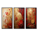 Modern Wall Art Canvas Set - God And Red Floral Japanese Tiles I - 3 Pieces